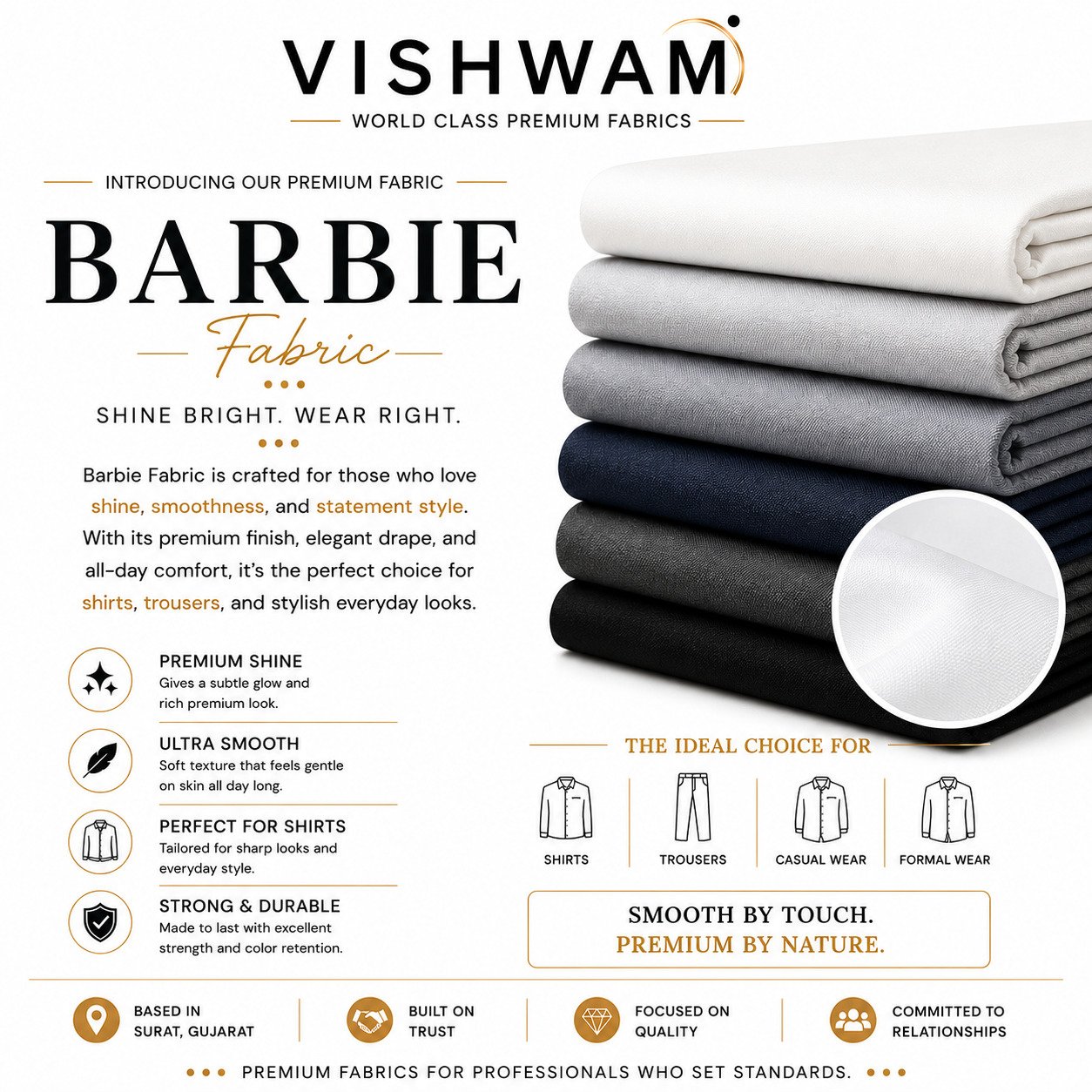 Barbie poly lycra trouser fabric, 210–230 GSM — Vishwam Ahmedabad