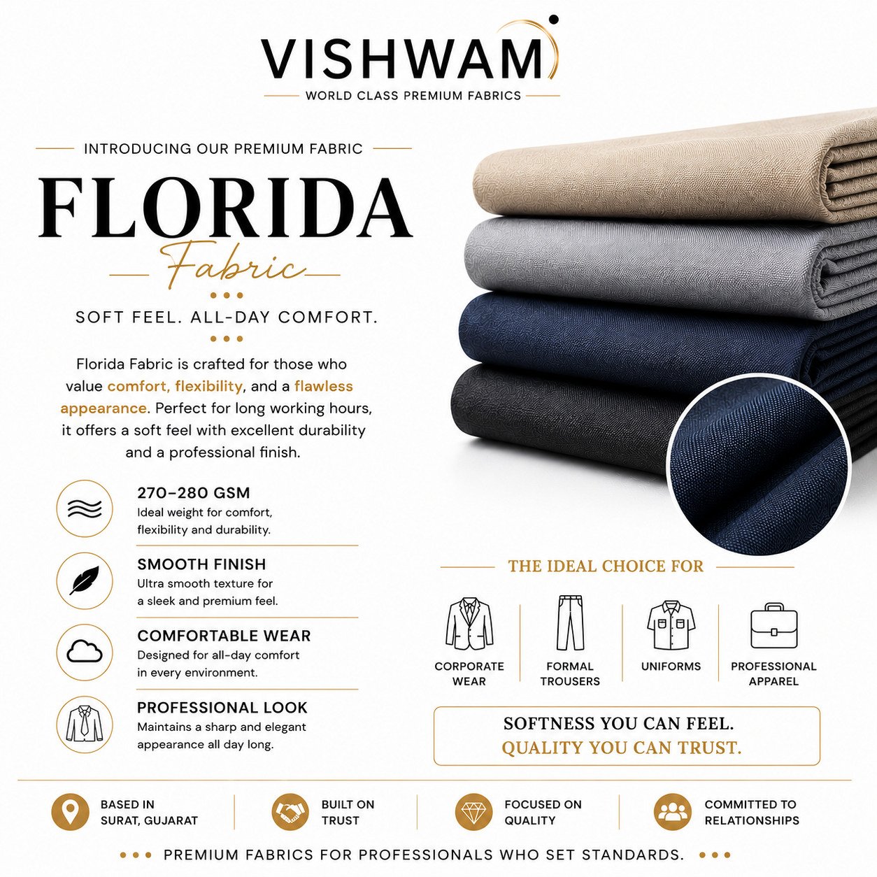 Florida poly lycra trouser fabric, 270–280 GSM — Vishwam Ahmedabad